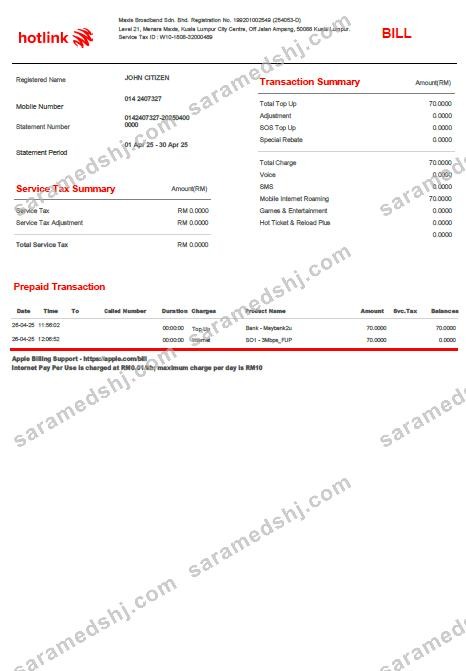 Malaysia Hotlink utility bill template in Word and PDF formats